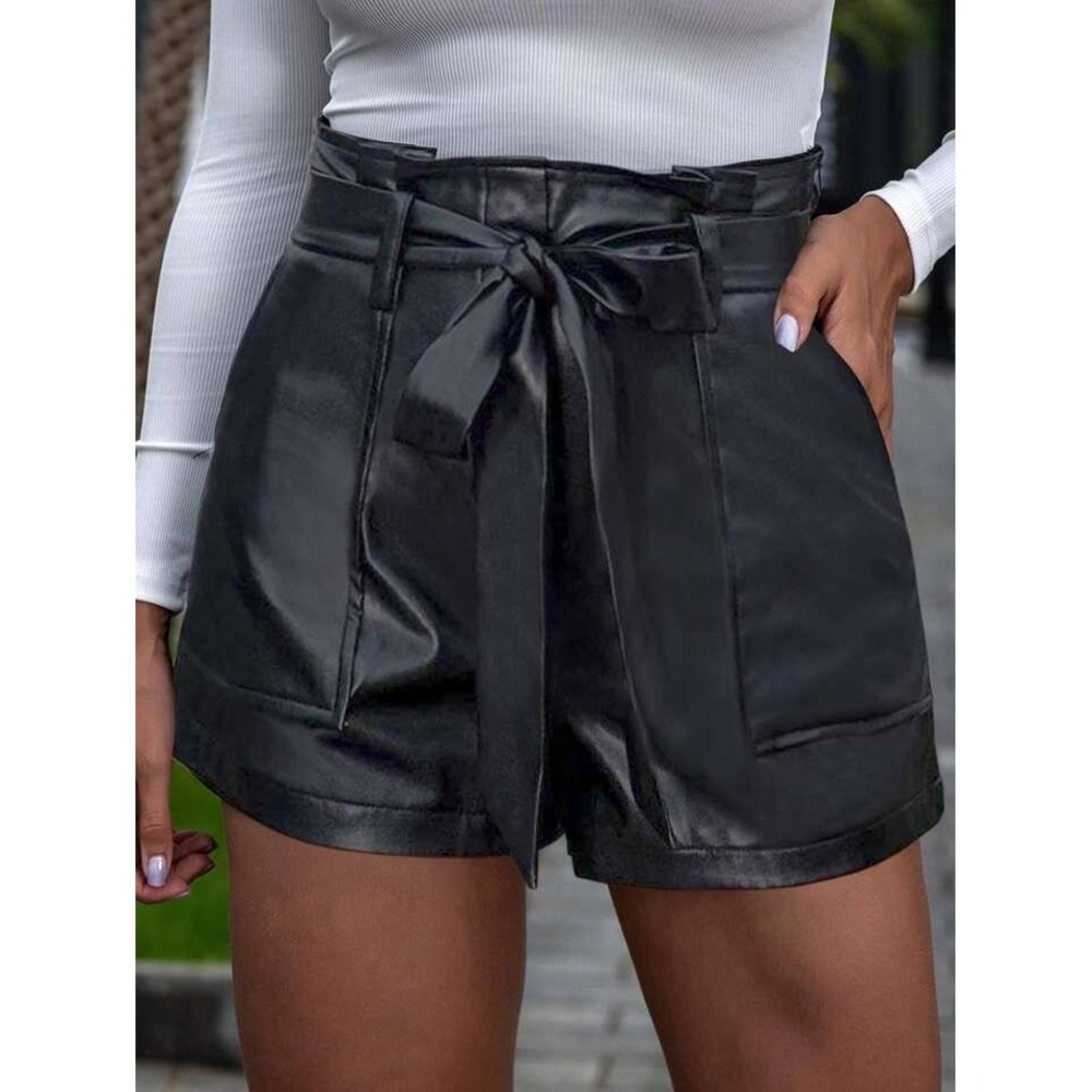 (CL) Shein Womens Black Faux Leather Paperbag Waist Tie Shorts S 4 High Rise